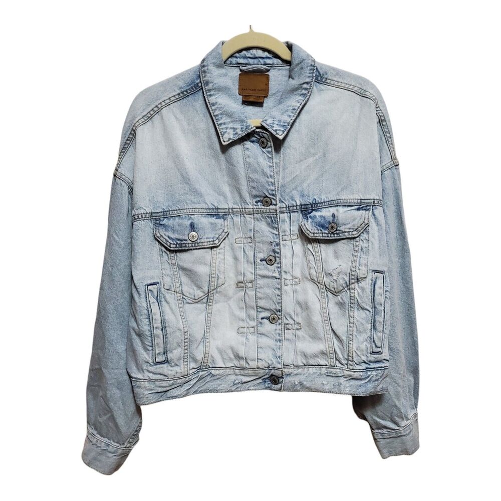 American Eagle Denim Jacket Womens Size Large Light Wash Distressed NEW